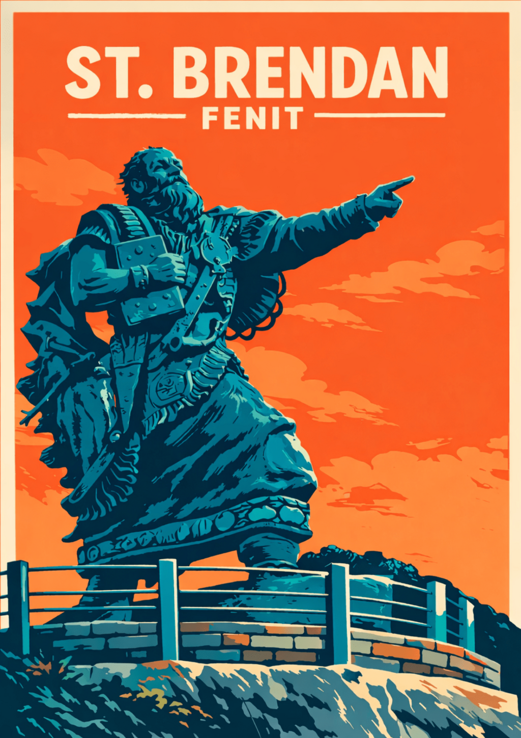St. Brendan the Navigator statue in Fenit County Kerry vintage travel poster style wall art print overlooking the Atlantic coast
