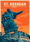 St. Brendan the Navigator statue in Fenit County Kerry vintage travel poster style wall art print overlooking the Atlantic coast