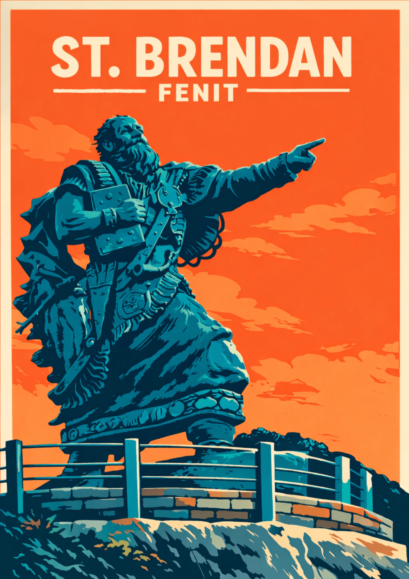 St. Brendan the Navigator statue in Fenit County Kerry vintage travel poster style wall art print overlooking the Atlantic coast