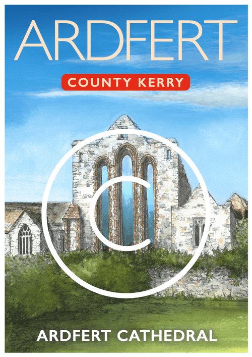 Vintage travel poster of Ardfert Cathedral, County Kerry, Ireland, featuring the medieval cathedral ruins beneath a bright blue sky.