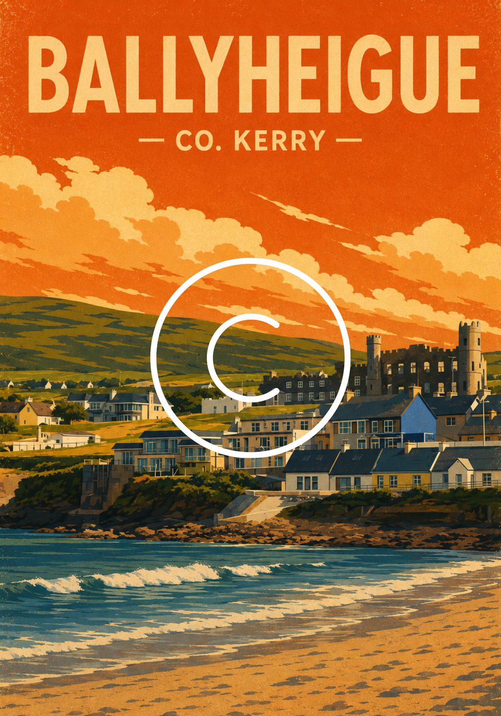 Vintage travel poster of Ballyheigue, County Kerry, Ireland, featuring Ballyheigue Castle, sandy beach and Atlantic coastline.