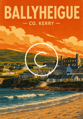 Vintage travel poster of Ballyheigue, County Kerry, Ireland, featuring Ballyheigue Castle, sandy beach and Atlantic coastline.