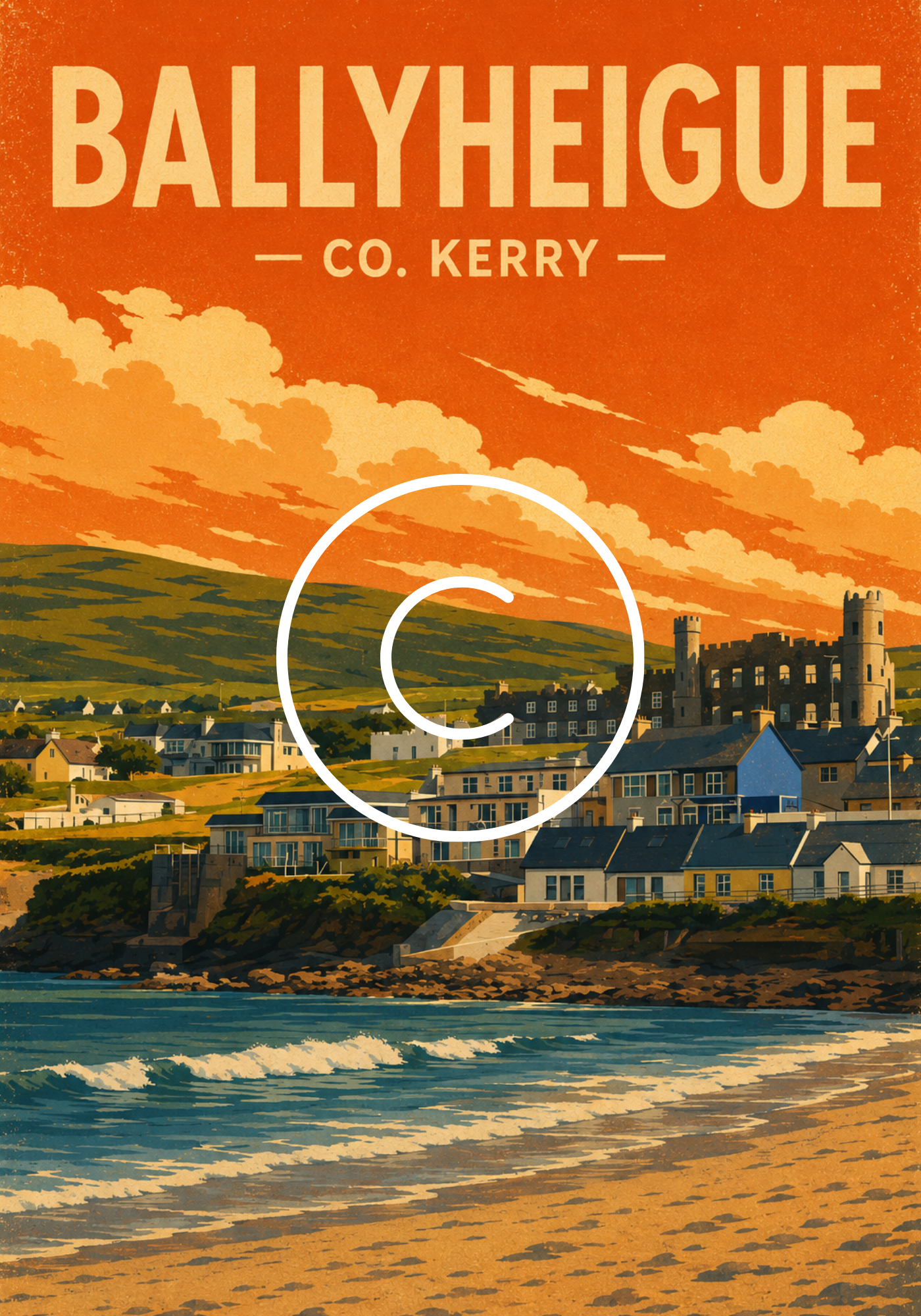 Vintage travel poster of Ballyheigue, County Kerry, Ireland, featuring Ballyheigue Castle, sandy beach and Atlantic coastline.