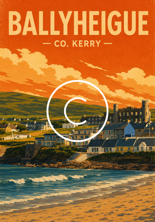 Vintage travel poster of Ballyheigue, County Kerry, Ireland, featuring Ballyheigue Castle, sandy beach and Atlantic coastline.