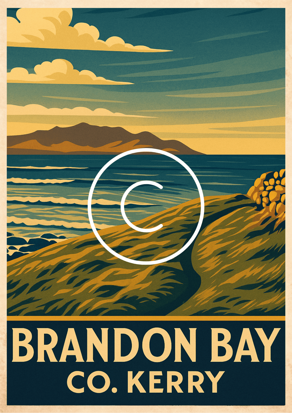 Brandon Bay, County Kerry vintage travel poster featuring coastal path, Atlantic Ocean and Mount Brandon on the Dingle Peninsula