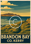Brandon Bay, County Kerry vintage travel poster featuring coastal path, Atlantic Ocean and Mount Brandon on the Dingle Peninsula