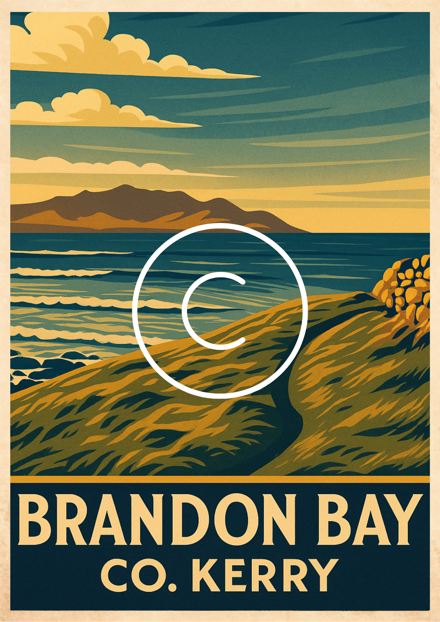 Brandon Bay, County Kerry vintage travel poster featuring coastal path, Atlantic Ocean and Mount Brandon on the Dingle Peninsula