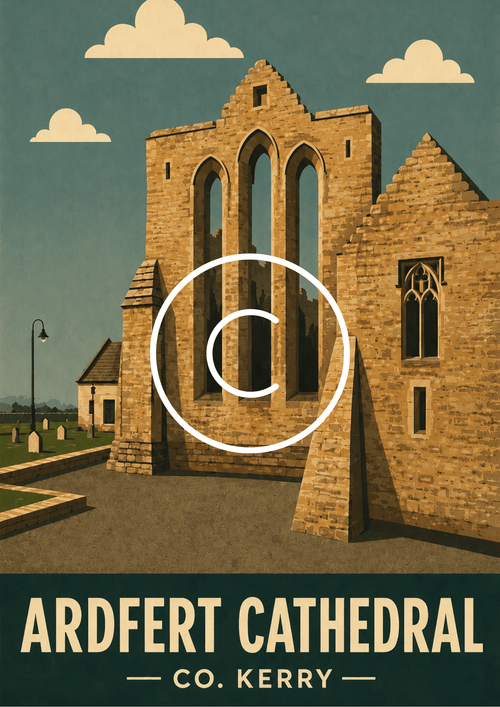 Ardfert Cathedral County Kerry vintage travel poster featuring the historic medieval cathedral and graveyard