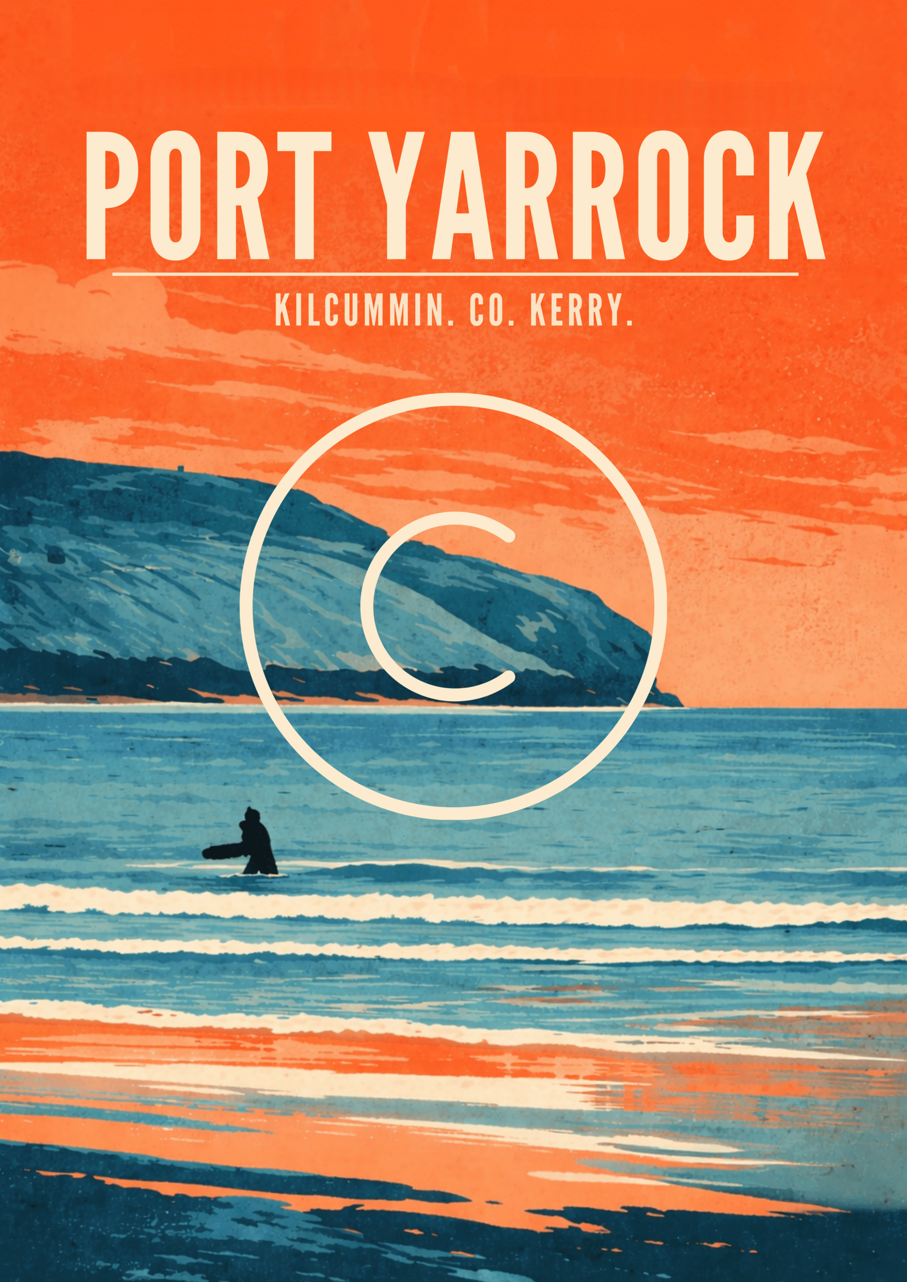 Vintage-style travel poster of Port Yarrock, Kilcummin, County Kerry featuring a surfer in Atlantic waters with dramatic coastal scenery and sunset colours.
