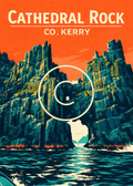 Vintage-style travel poster featuring Cathedral Rock, County Kerry, Ireland with dramatic sea cliffs, rugged rock formations, and Atlantic Ocean waters.