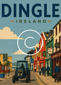 Vintage-style travel poster of Dingle, Ireland featuring a blue Ford tractor on a colorful street with Murphy's Pub.
