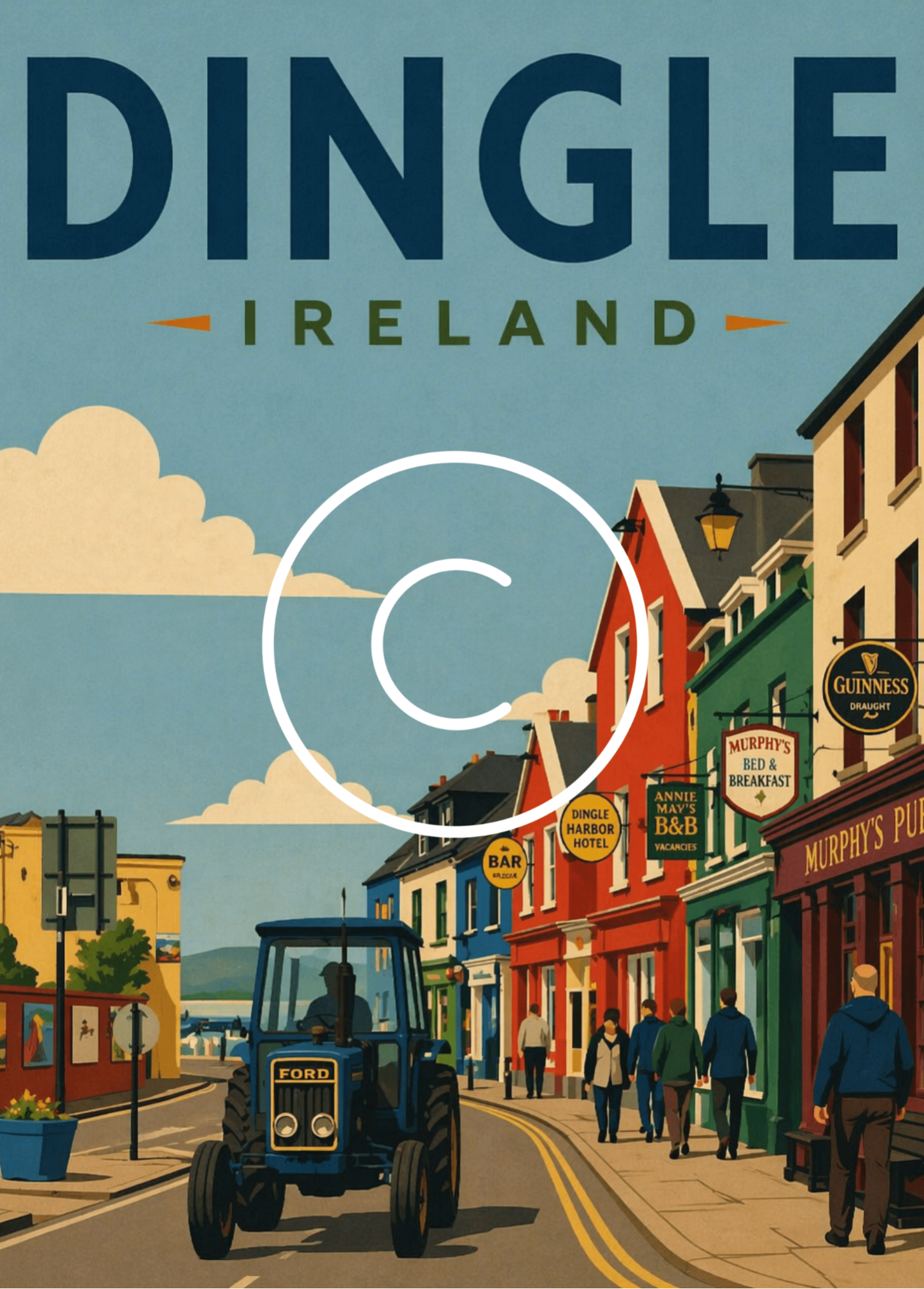 Vintage-style travel poster of Dingle, Ireland featuring a blue Ford tractor on a colorful street with Murphy's Pub.