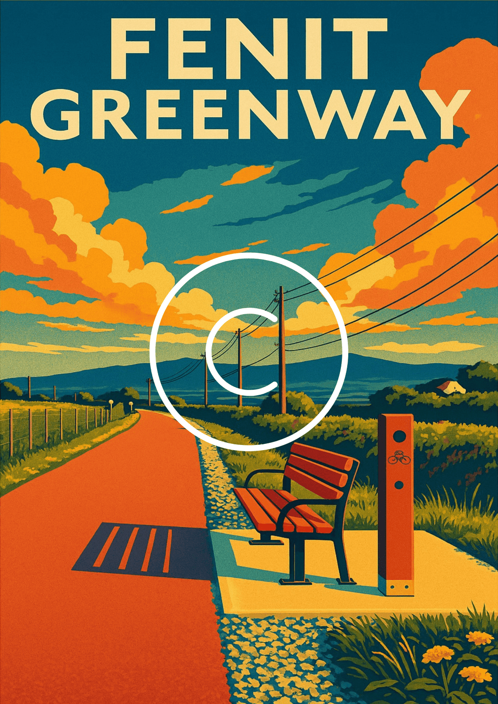 Vintage-style poster of the Fenit Greenway in County Kerry, Ireland featuring a scenic cycling and walking trail, countryside views, and dramatic skies.
