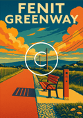 Vintage-style poster of the Fenit Greenway in County Kerry, Ireland featuring a scenic cycling and walking trail, countryside views, and dramatic skies.