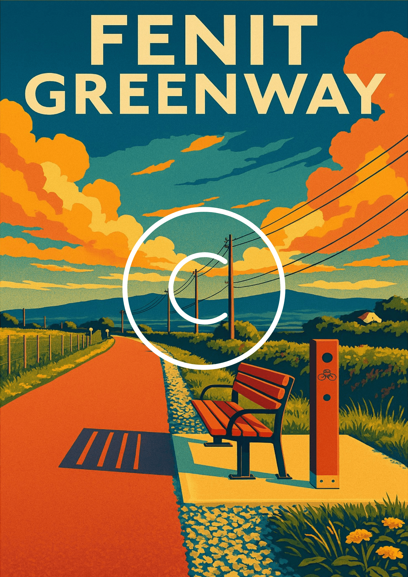 Vintage-style poster of the Fenit Greenway in County Kerry, Ireland featuring a scenic cycling and walking trail, countryside views, and dramatic skies.