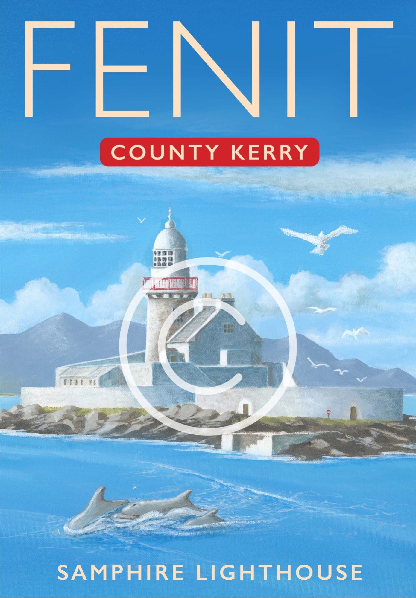 "Vintage-style travel poster of Fenit, County Kerry, featuring Samphire Lighthouse, dolphins swimming in Tralee Bay, seabirds, and the Slieve Mish Mountains under a bright blue sky. Coastal wall art inspired by Ireland's Wild Atlantic Way."