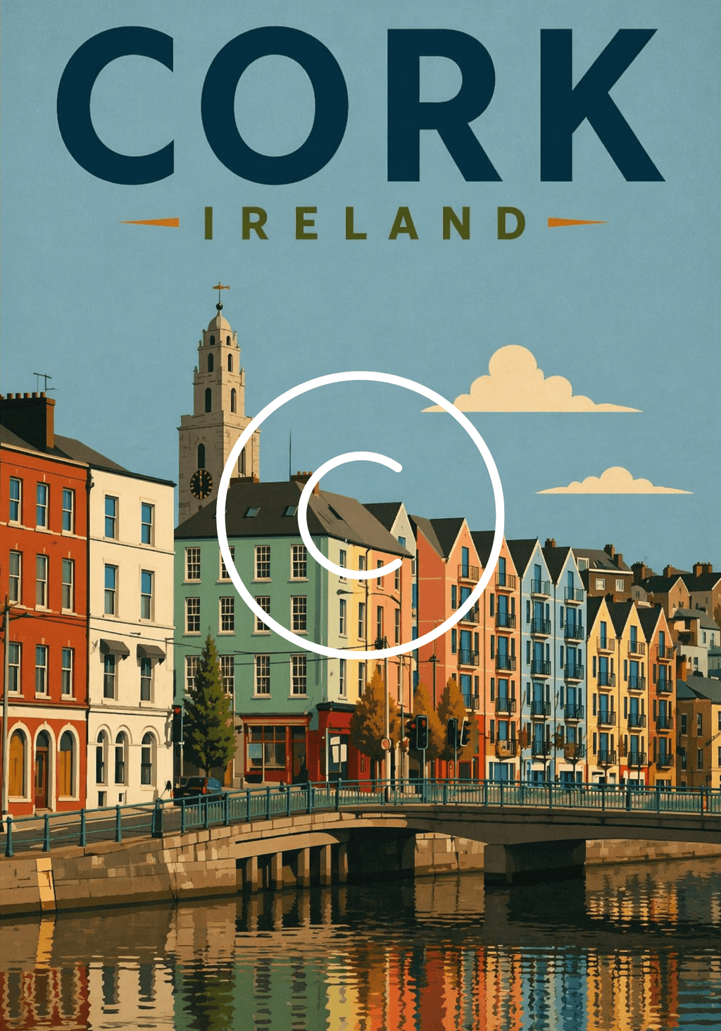 Vintage-style travel poster of Cork City, Ireland, featuring colourful waterfront buildings, historic architecture, and river reflections.