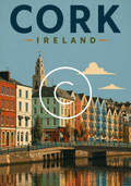 Vintage-style travel poster of Cork City, Ireland, featuring colourful waterfront buildings, historic architecture, and river reflections.