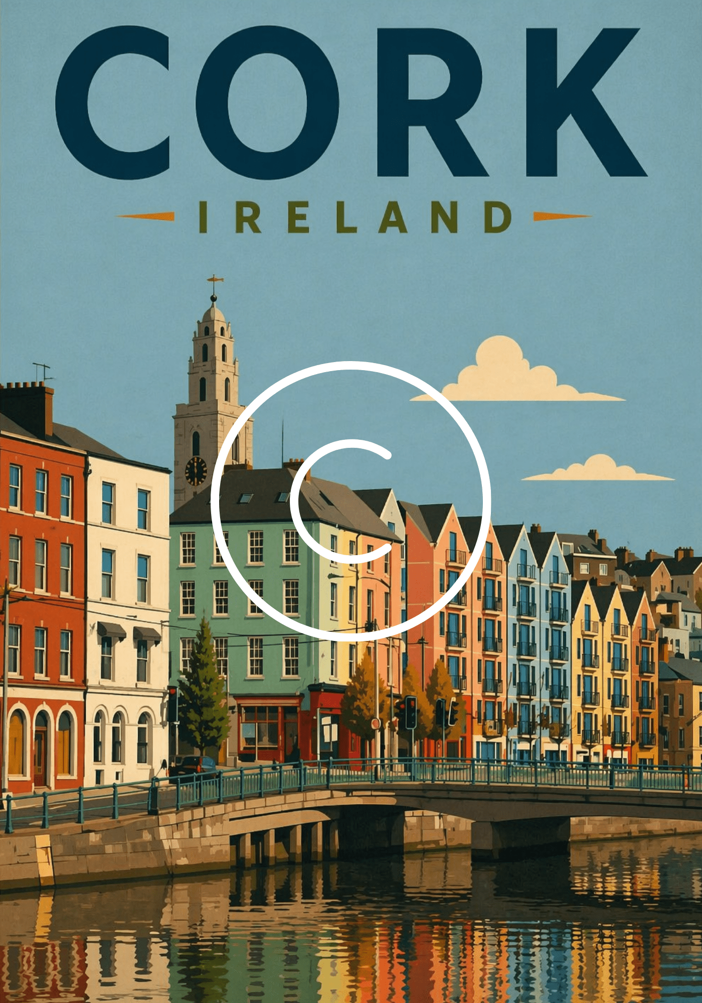 Vintage-style travel poster of Cork City, Ireland, featuring colourful waterfront buildings, historic architecture, and river reflections.