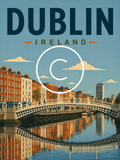 Retro Dublin Ireland travel poster illustration of the Ha'penny Bridge over the River Liffey in a sleek black frame.