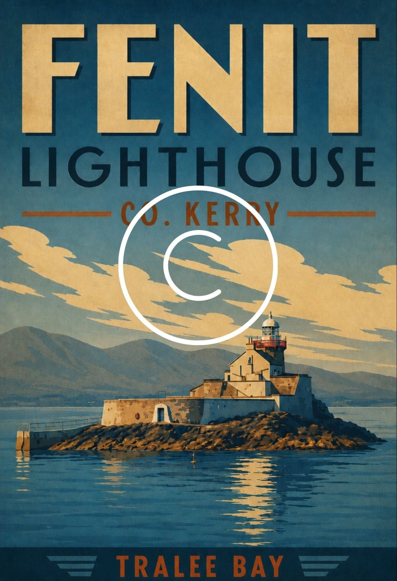 Fenit Lighthouse County Kerry vintage travel poster overlooking Tralee Bay on Ireland's Wild Atlantic Way