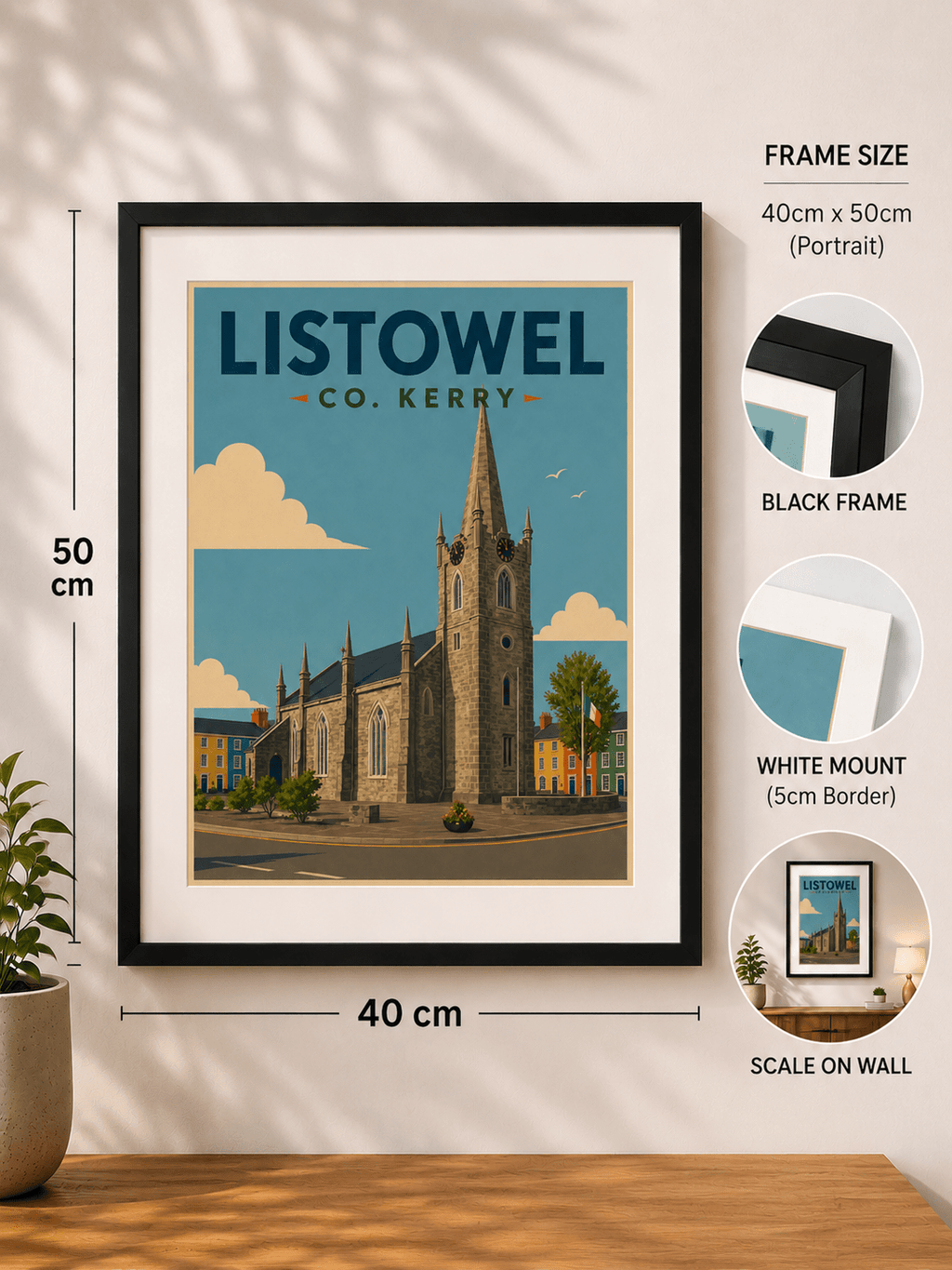 Vintage-style travel poster of Listowel, County Kerry, Ireland featuring the town church, colourful buildings, and traditional Irish streetscape.