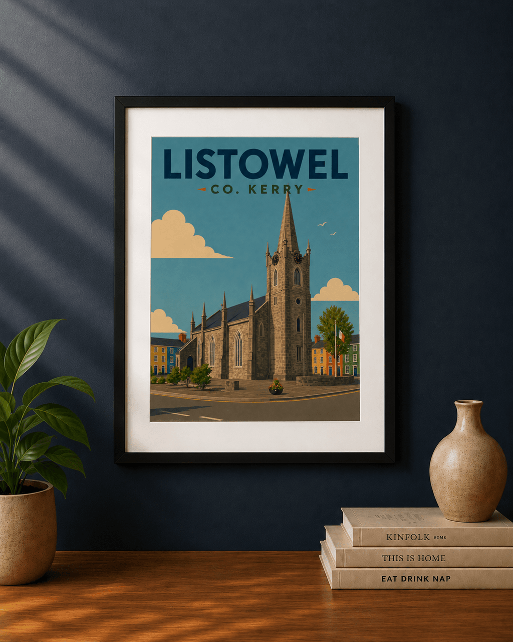 Vintage-style travel poster of Listowel, County Kerry, Ireland featuring the town church, colourful buildings, and traditional Irish streetscape.