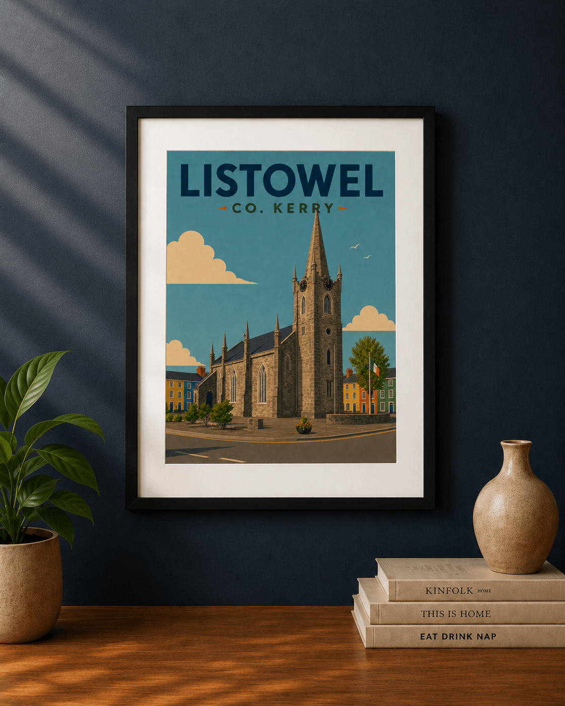 Vintage-style travel poster of Listowel, County Kerry, Ireland featuring the town church, colourful buildings, and traditional Irish streetscape.