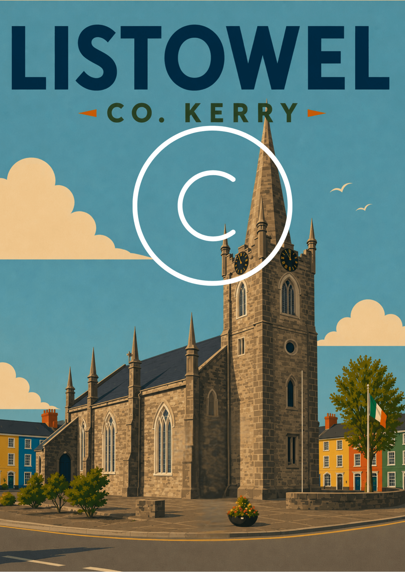 Vintage-style travel poster of Listowel, County Kerry, Ireland featuring the town church, colourful buildings, and traditional Irish streetscape.